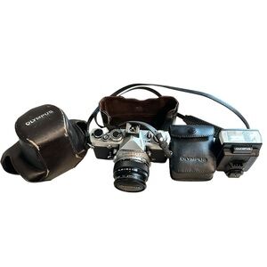 Vintage Olympus OM-1 35mm Photography Camera with Flash Attachment and Cases